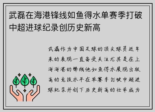 武磊在海港锋线如鱼得水单赛季打破中超进球纪录创历史新高